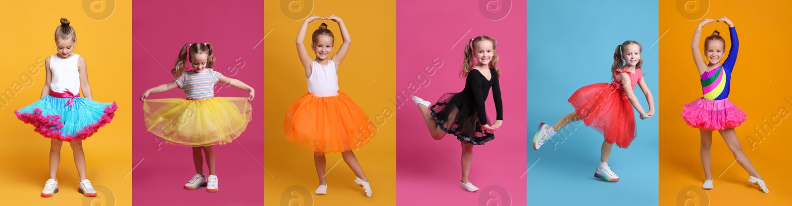 Image of Cute little girls dancing on different colors backgrounds, collection of photos