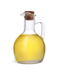 Glass jug of cooking oil isolated on white