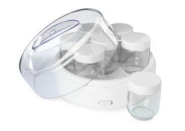 Modern yogurt maker with empty jars on white background