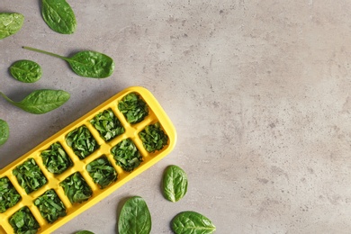 Photo of Flat lay composition with ice cube tray and spinach on grey background. Space for text