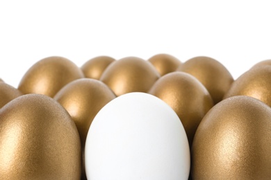 Golden eggs with different one on white background