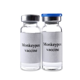 Photo of Monkeypox vaccine in vials on white background