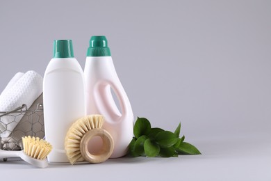 Bottles of cleaning product, brushes, rags and green leaves on light background. Space for text