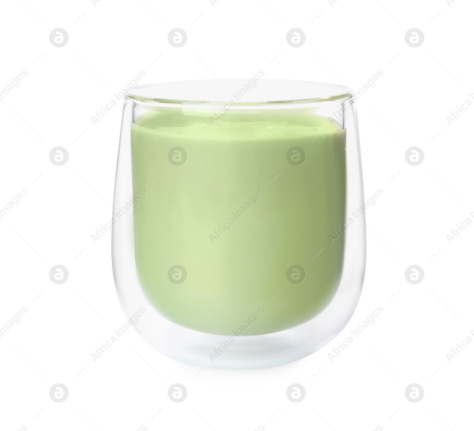 Photo of Glass of tasty matcha smoothie isolated on white