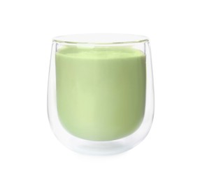 Glass of tasty matcha smoothie isolated on white