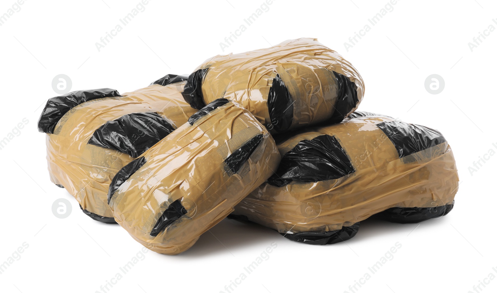 Photo of Packages with narcotics isolated on white. Drug addiction