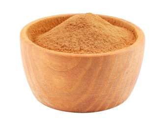 Dry aromatic cinnamon powder in wooden bowl isolated on white