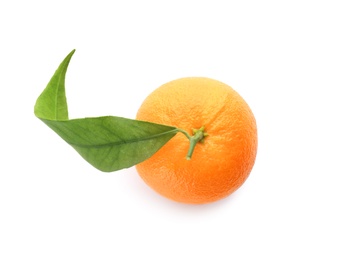 Whole fresh tangerine with green leaf isolated on white, top view