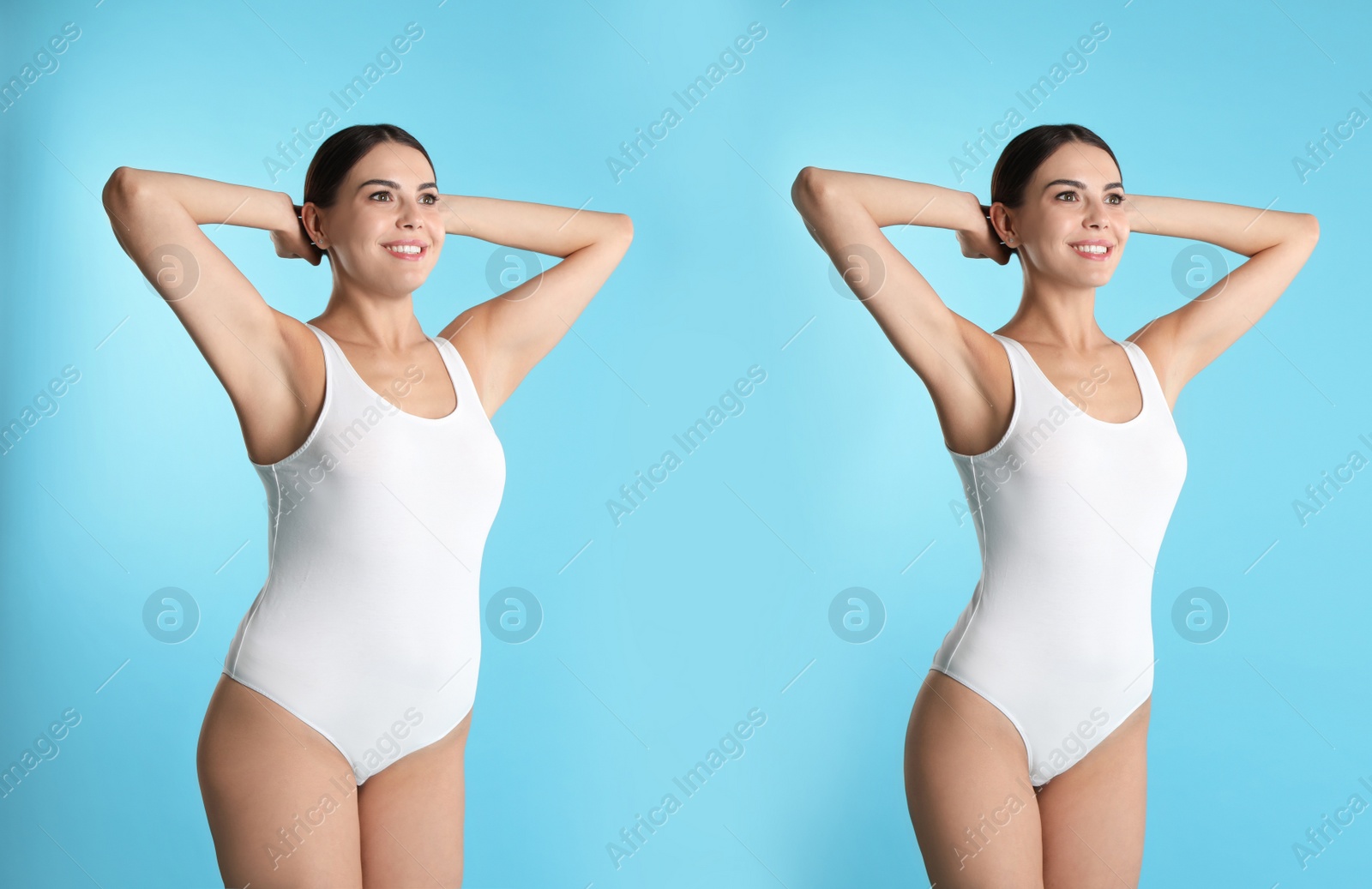 Image of Collage with photos of woman before and after weight loss diet on light blue background