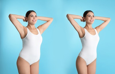 Image of Collage with photos of woman before and after weight loss diet on light blue background