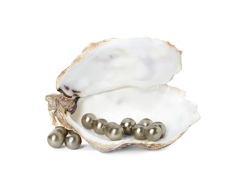 Photo of Open oyster shell with golden pearls on white background