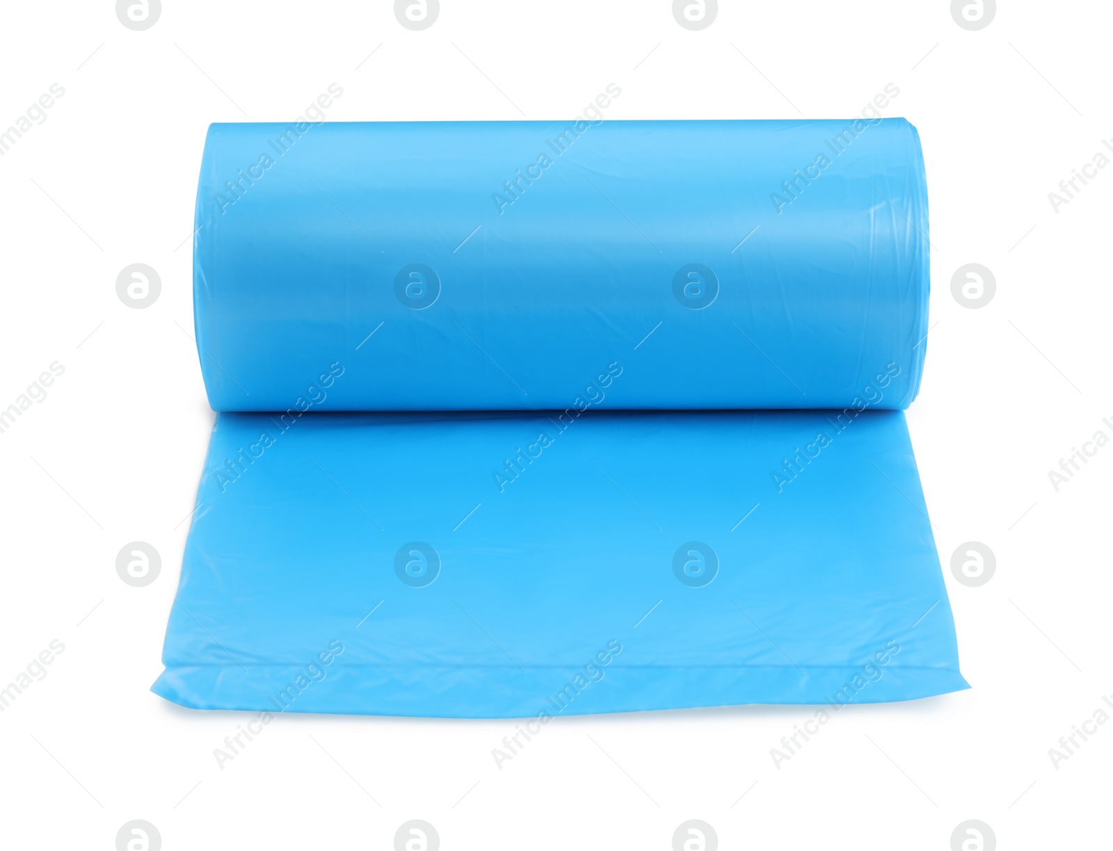 Photo of Roll of turquoise garbage bags on white background. Cleaning supplies