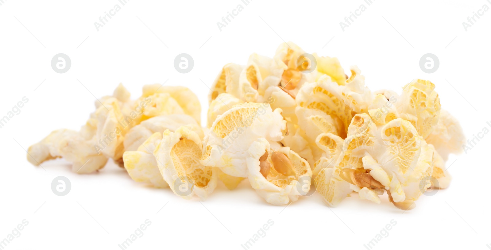 Photo of Fresh popcorn isolated on white. Tasty snack