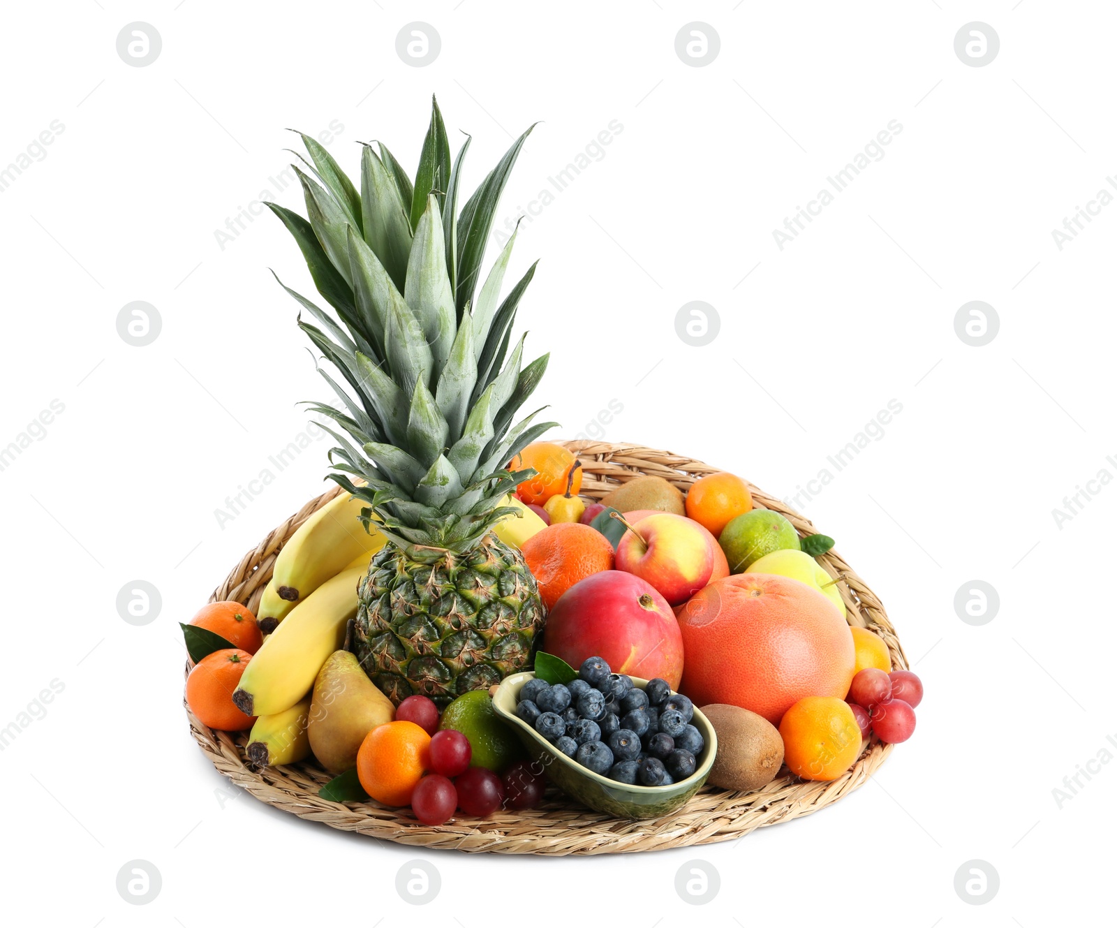 Photo of Assortment of fresh exotic fruits on white background