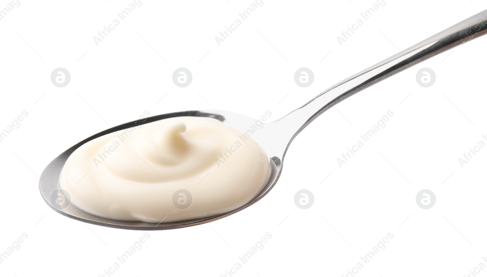 Photo of Spoon with tasty mayonnaise isolated on white