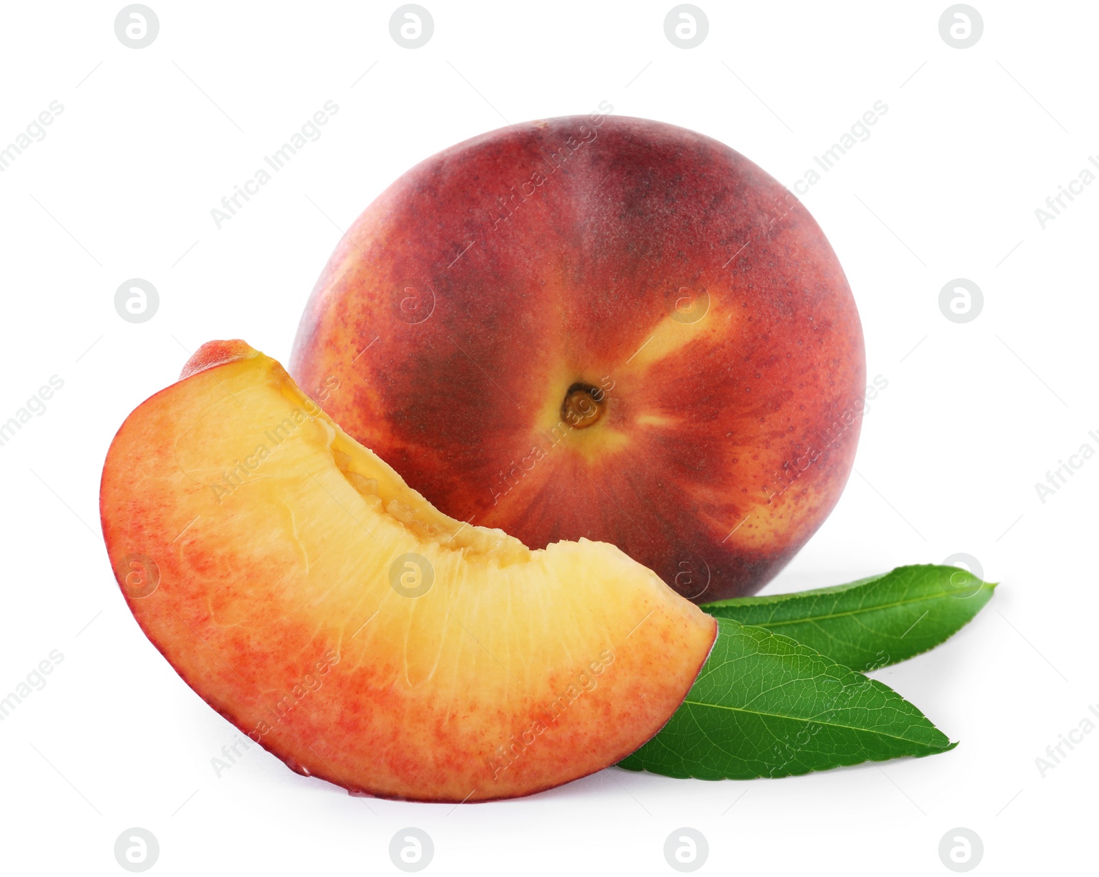 Photo of Sweet juicy peaches with leaves on white background