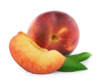 Photo of Sweet juicy peaches with leaves on white background