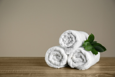 Photo of Clean rolled towels and green branch on wooden table. Space for text