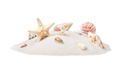 Photo of Beautiful sea stars and seashells in sand on white background