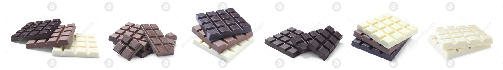 Image of Set with different chocolate bars on white background. Banner design