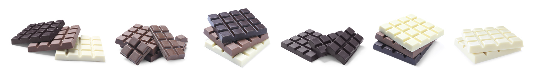 Image of Set with different chocolate bars on white background. Banner design