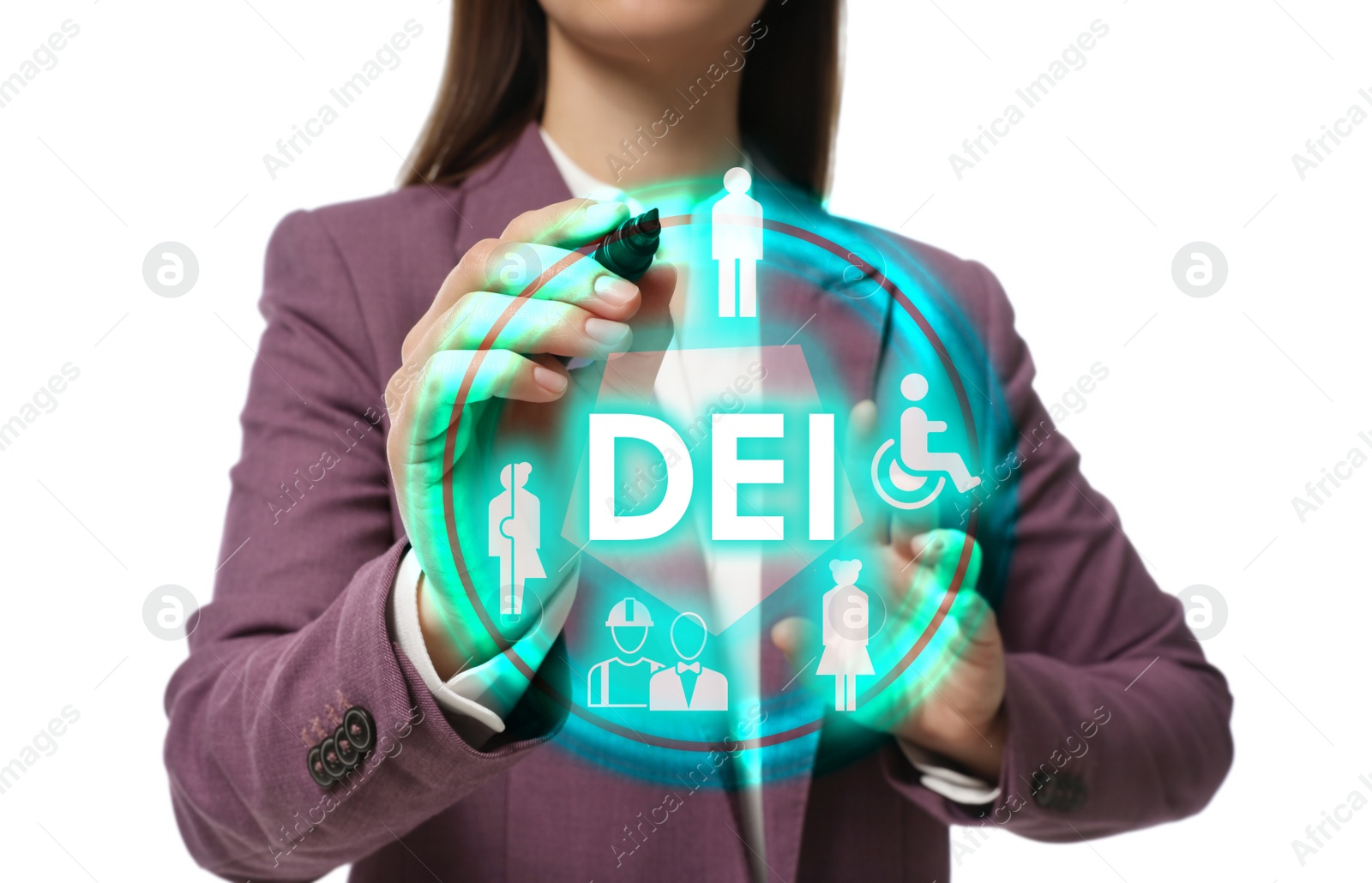 Image of Concept of DEI - Diversity, Equality, Inclusion. Virtual screen with different icons and businesswoman on white background, closeup