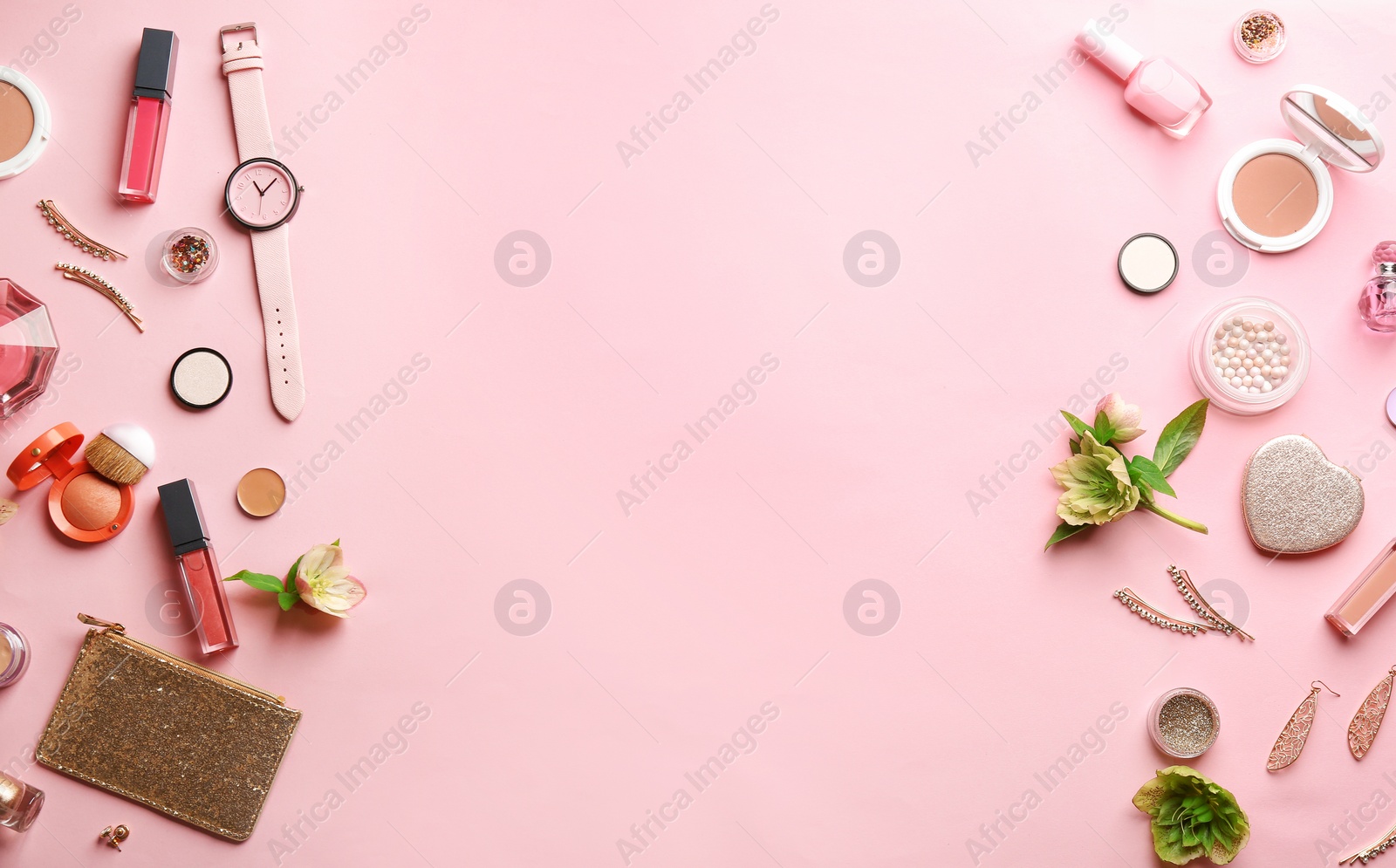 Photo of Flat lay composition with stylish female accessories and decorative cosmetics on color background, space for text
