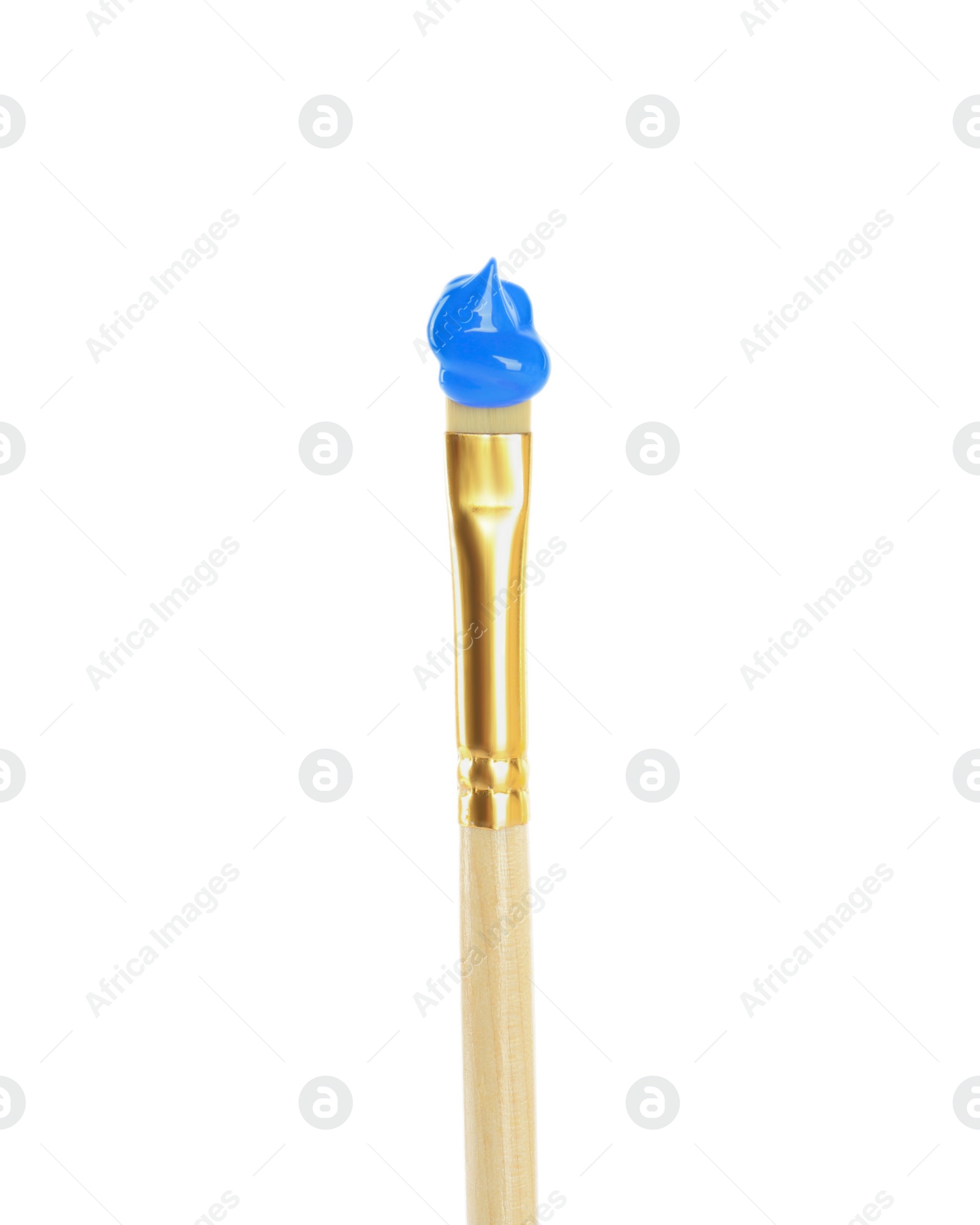 Photo of Brush with blue paint on white background