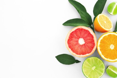 Photo of Different citrus fruits and leaves on white background, top view