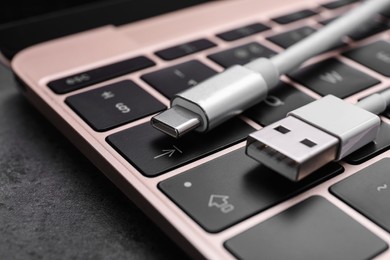 Photo of USB cable with type C connector and laptop on dark table, closeup