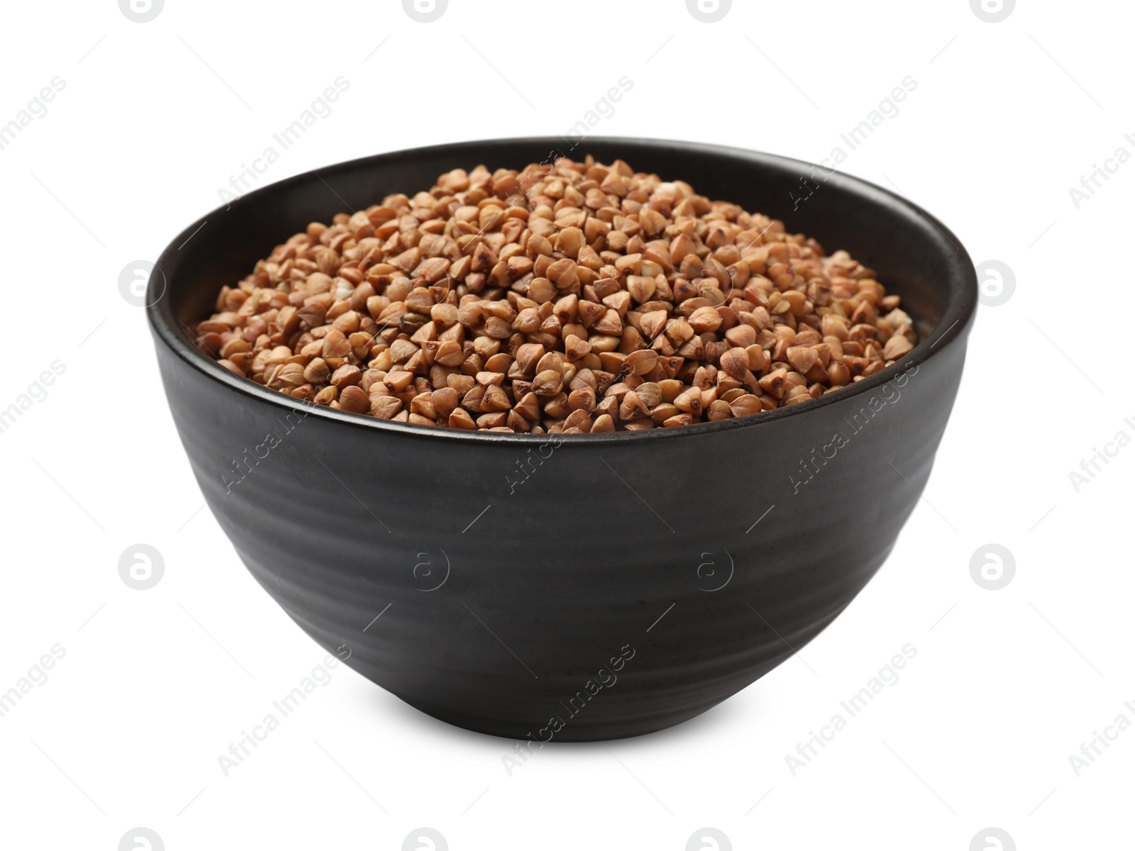 Photo of Bowl with dry buckwheat isolated on white