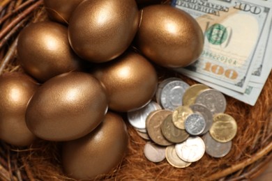 Golden eggs and money in nest, above view. Pension concept