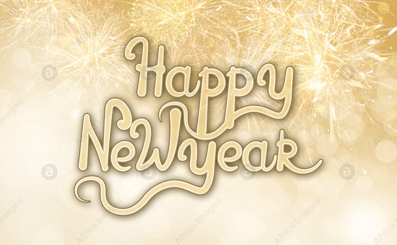 Illustration of Text Happy New Year on festive background with fireworks, bokeh effect