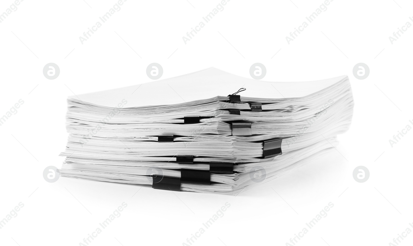 Photo of Stack of documents with black paper clips on white background