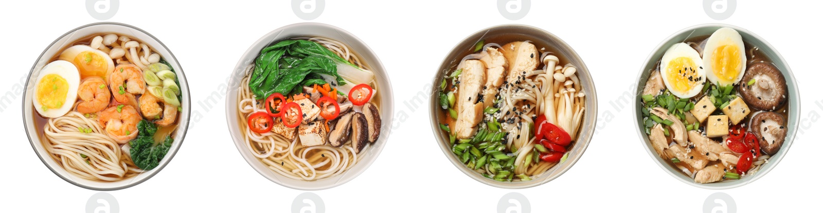 Image of Set with bowls of delicious ramen with different ingredients isolated on white, top view. Noodle soup