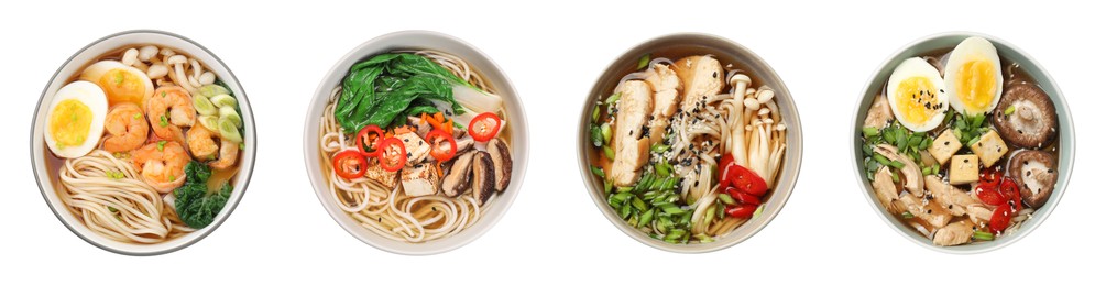 Set with bowls of delicious ramen with different ingredients isolated on white, top view. Noodle soup