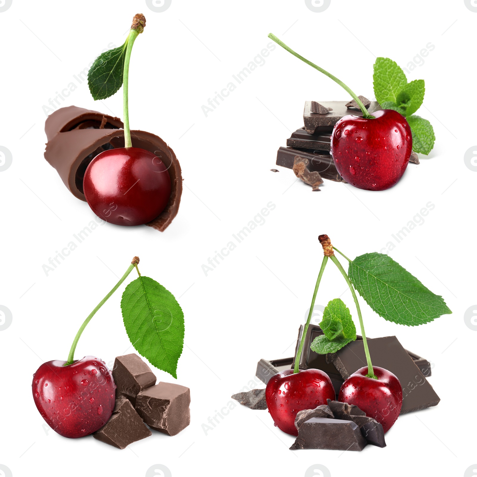 Image of Fresh cherries, pieces and curls of chocolate isolated on white, collage