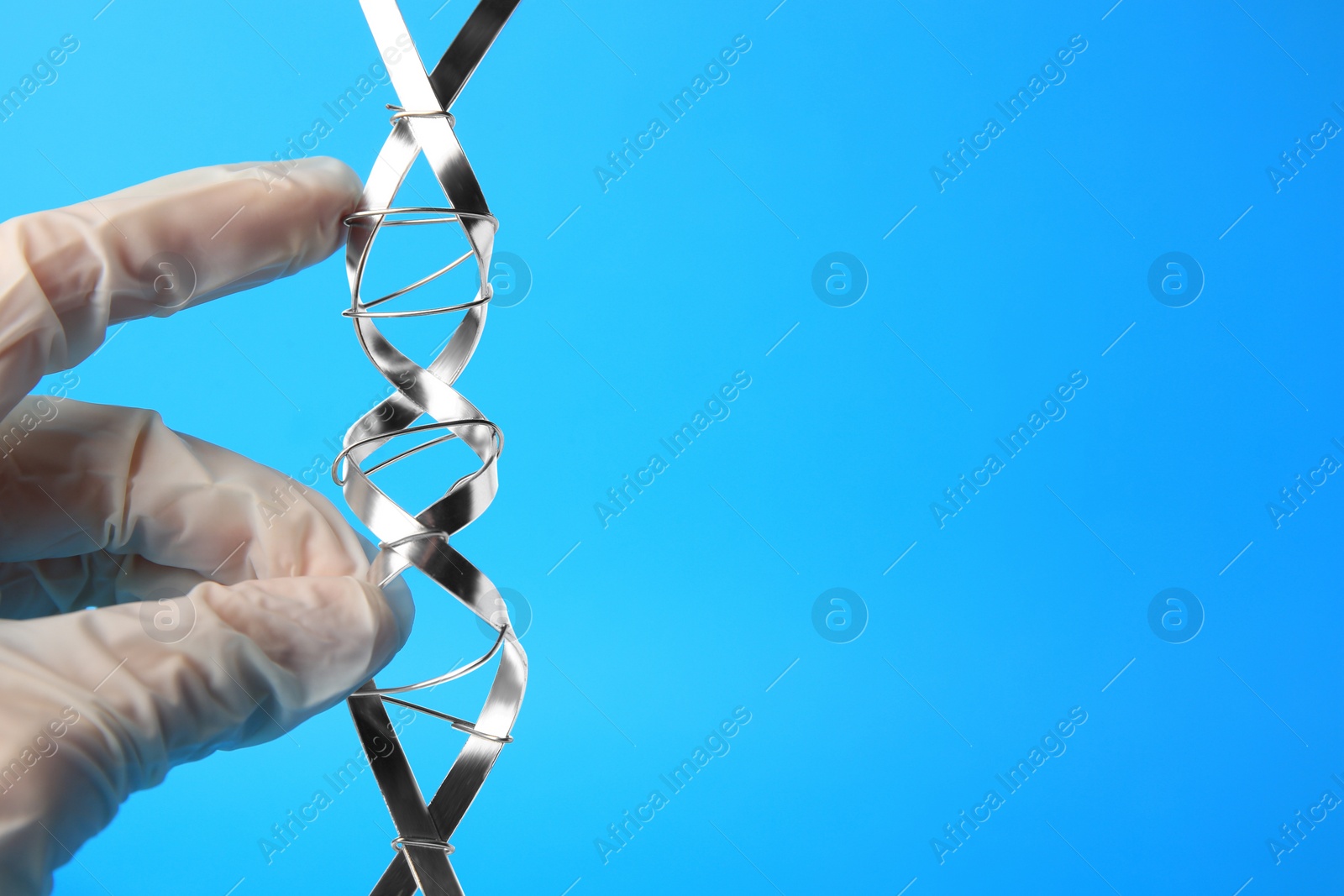 Photo of Scientist with DNA molecular chain model made of metal on blue background, closeup. Space for text