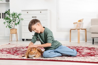Little boy petting cute ginger cat on carpet at home