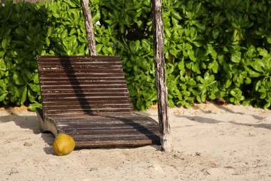 Photo of Wooden sunbed with coconut on tropical beach