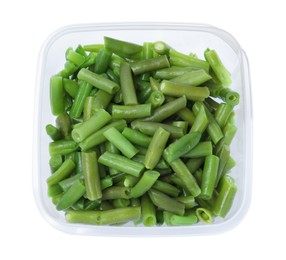 Photo of Fresh green beans in plastic container isolated on white, top view