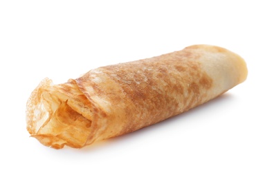 Photo of Tasty thin pancake roll on white background