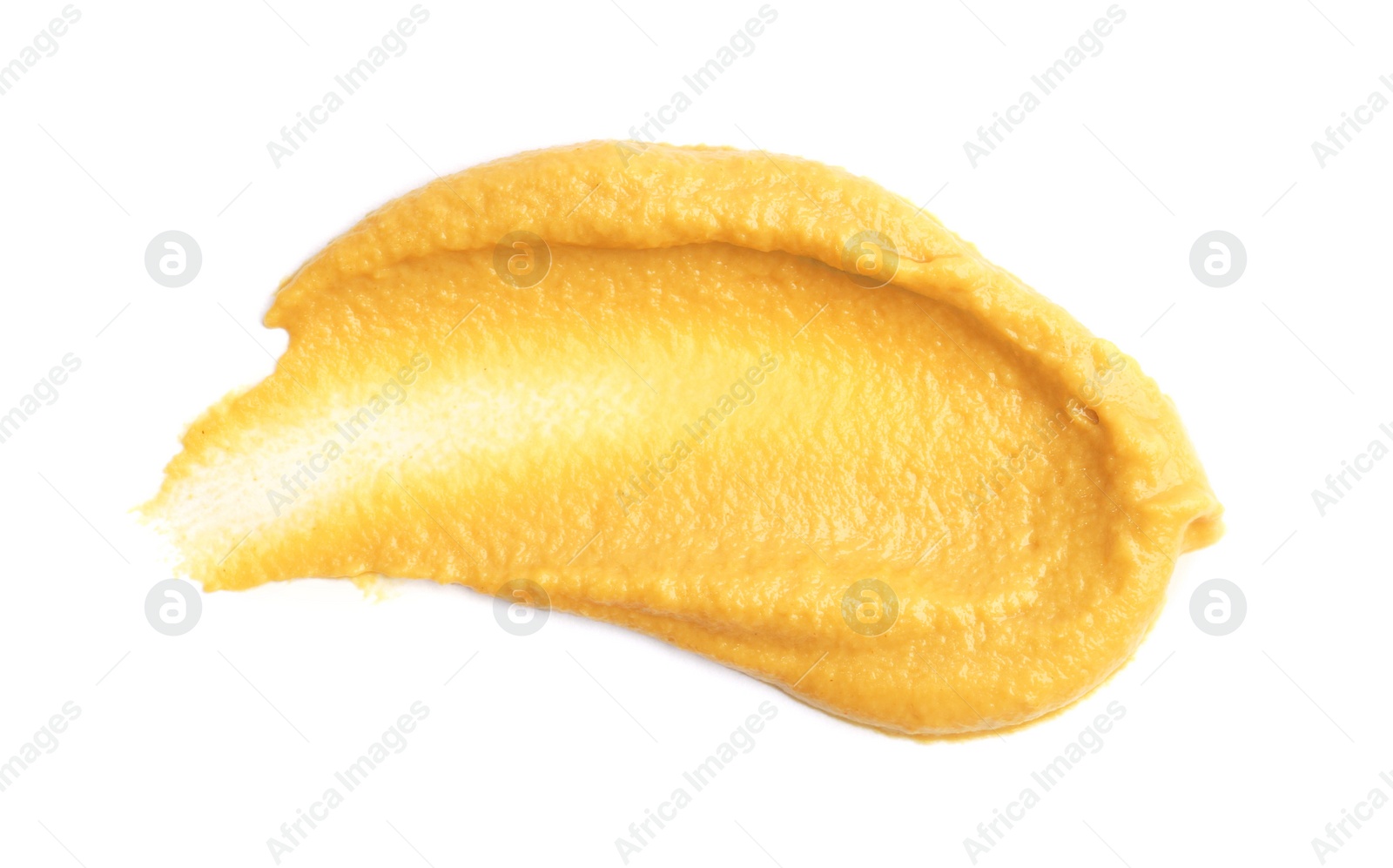 Photo of Tasty mustard isolated on white, top view. Spicy sauce