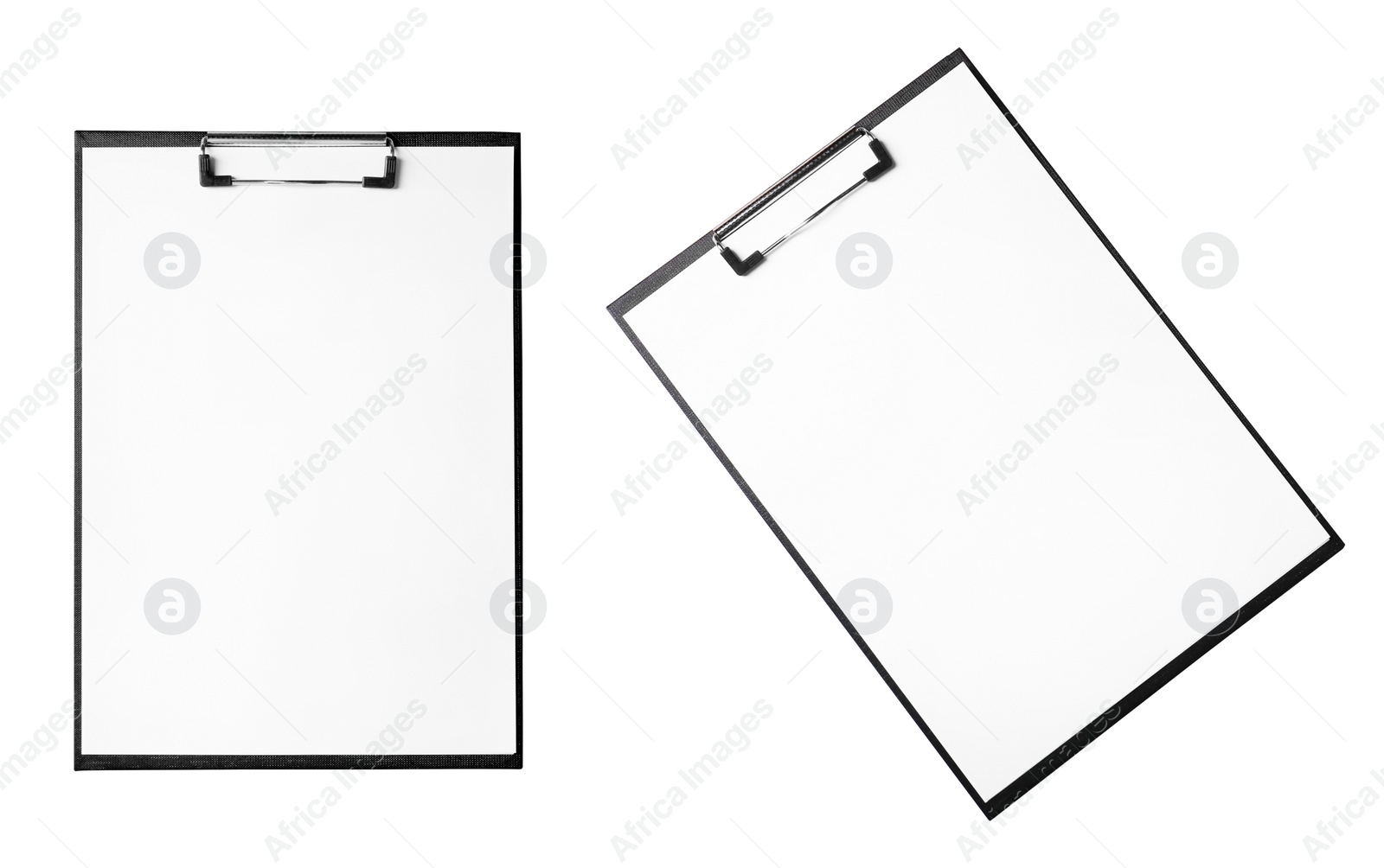 Image of Black clipboard with blank sheet of paper on white background