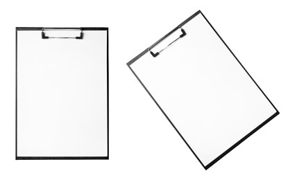 Image of Black clipboard with blank sheet of paper on white background