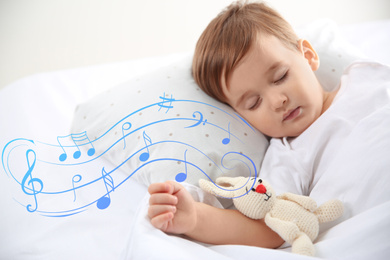 Image of Flying music notes and cute little baby sleeping with toy at home. Lullaby songs 