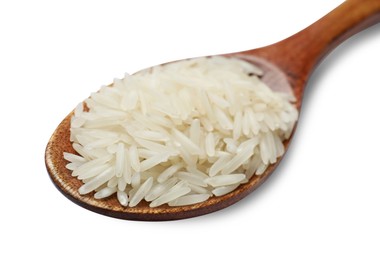 Photo of Raw basmati rice in spoon isolated on white