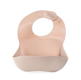 Photo of Beige silicone baby bib isolated on white