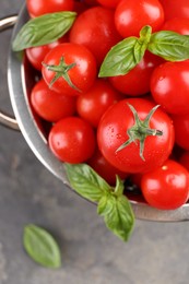 Photo of Fresh ripe tomatoes and basil leaves in colander on grey table, top view