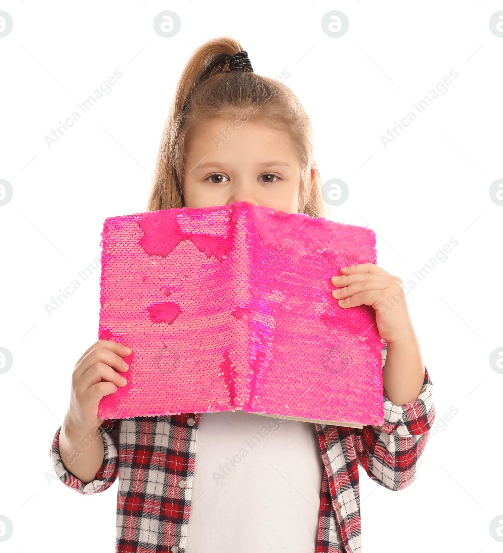 Photo of Little girl with book on white background